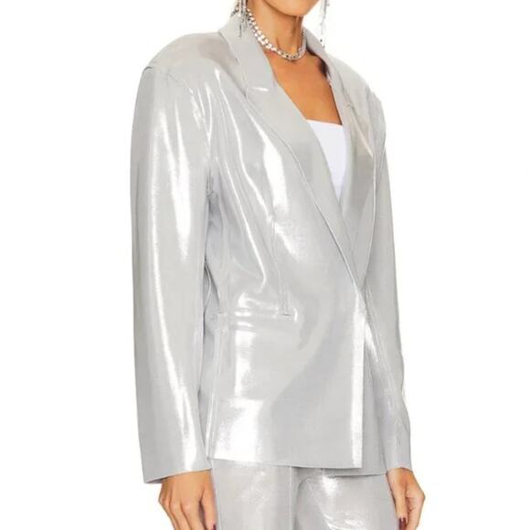 NORMA KAMALI Single Breast Straight Fit Jacket Blazer Silver Metallic Sz M {3K6} - Picture 2 of 6
